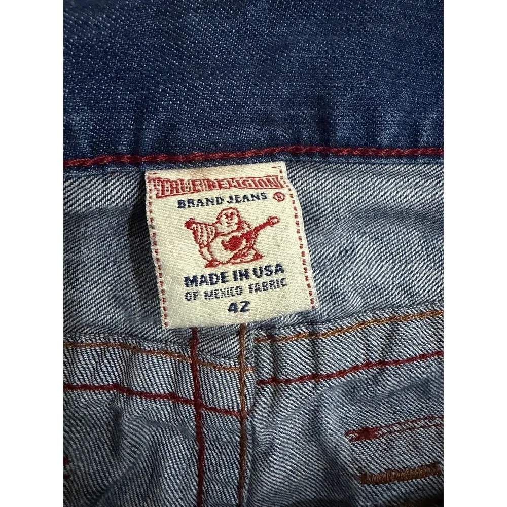 True Religion Mens Blue Jeans Tag Size 42 Distressed Pocket Flaps World Tour